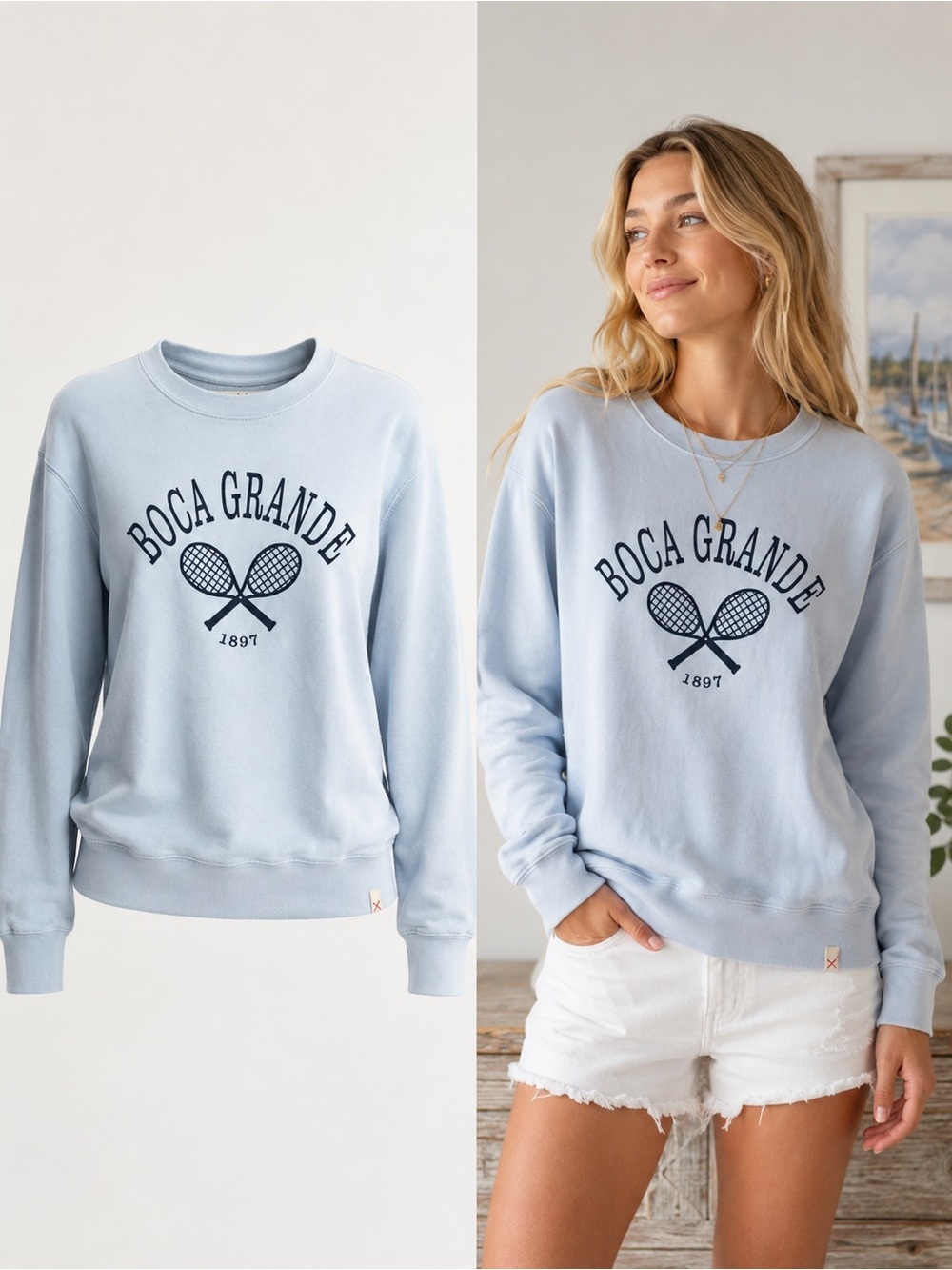 Vineyard Crew Boca Grande Tennis Graphic Crewneck Sweatshirt Light Blue | Small